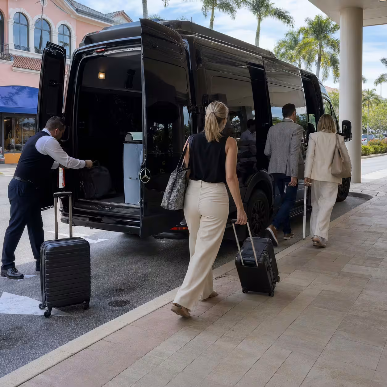 Group boarding a Naples sporting event party bus for shared Naples transportation