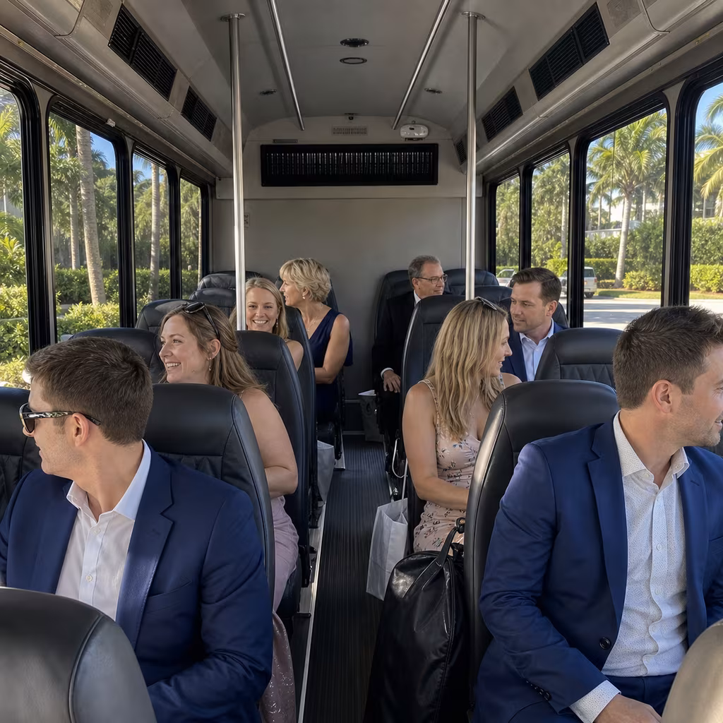 Wedding guests seated in a minibus for a Naples wedding shuttle