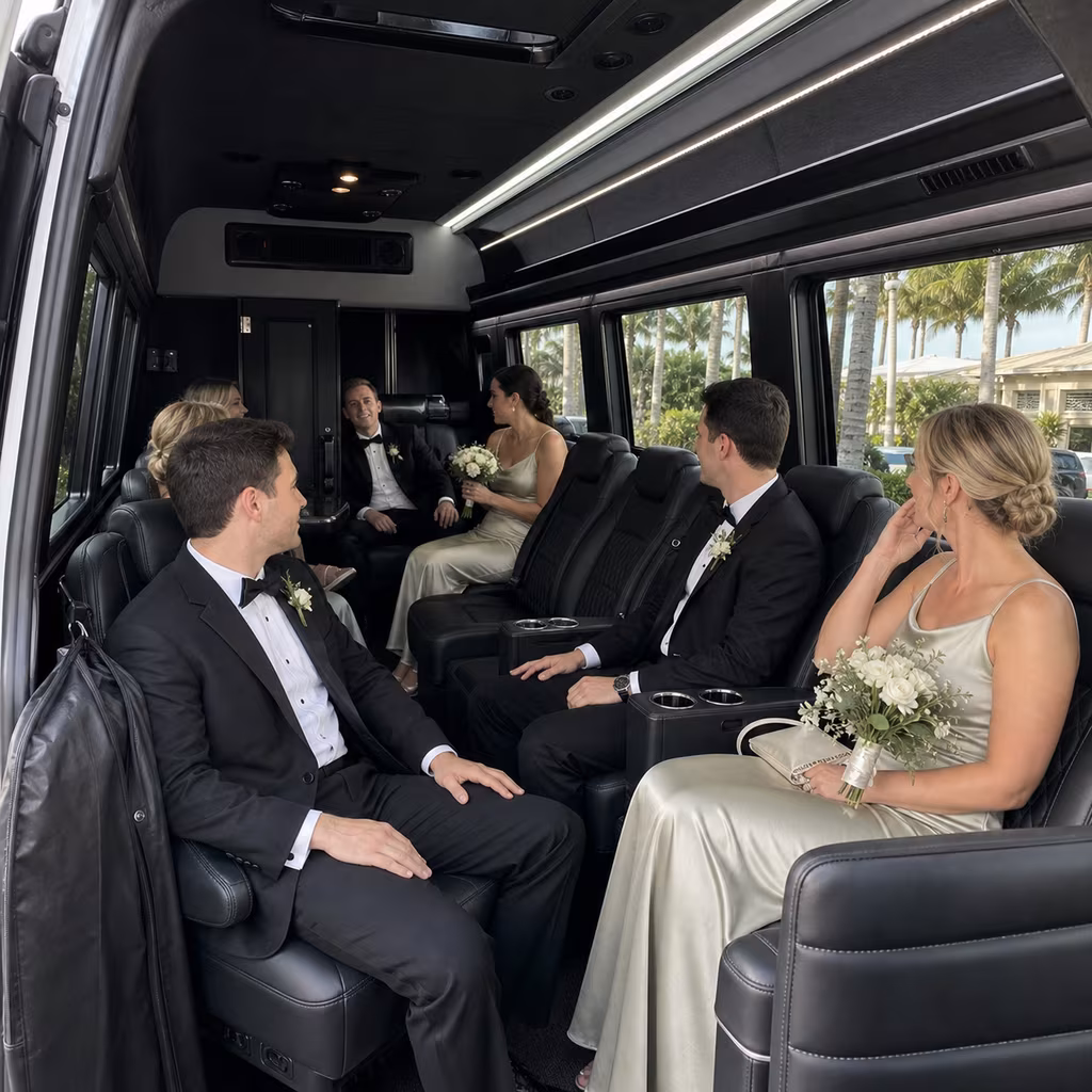 Wedding party seated in a Sprinter van in Naples, Florida