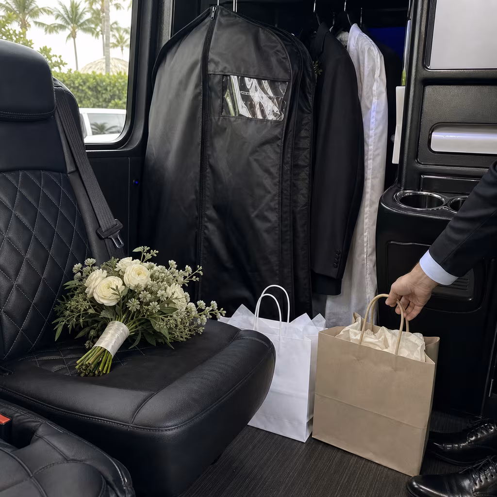 Garment bags and a bouquet loaded for a Naples wedding transportation trip