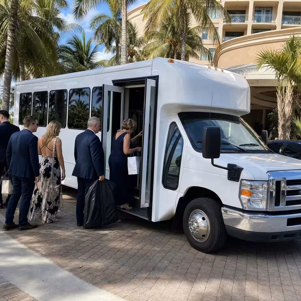 Driver assisting guests boarding a minibus for a Naples wedding