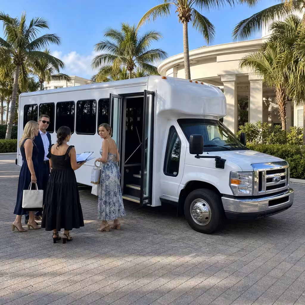 Minibus parked at a Naples wedding resort exterior