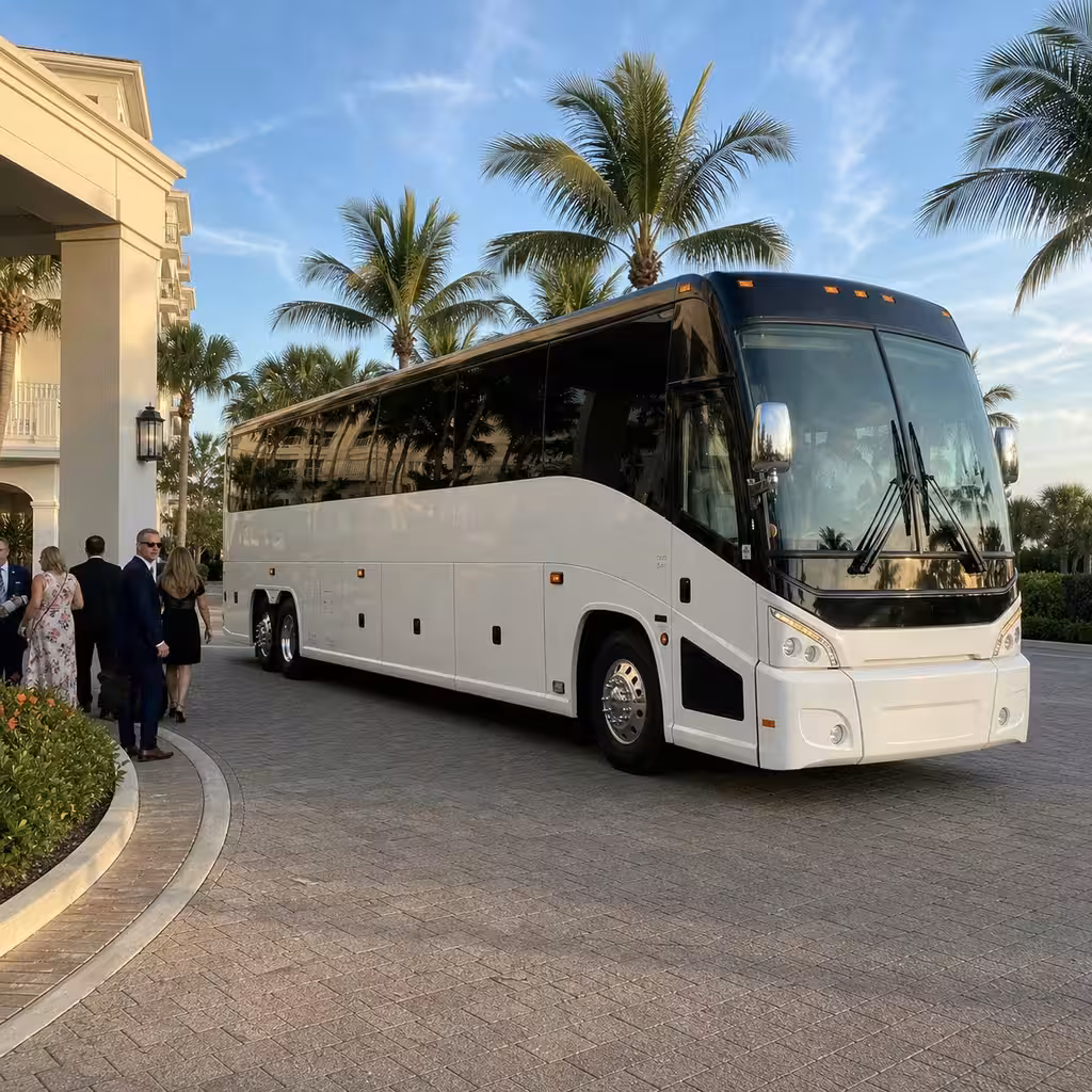 MCI J4500 motorcoach at a Naples hotel room block for wedding guests