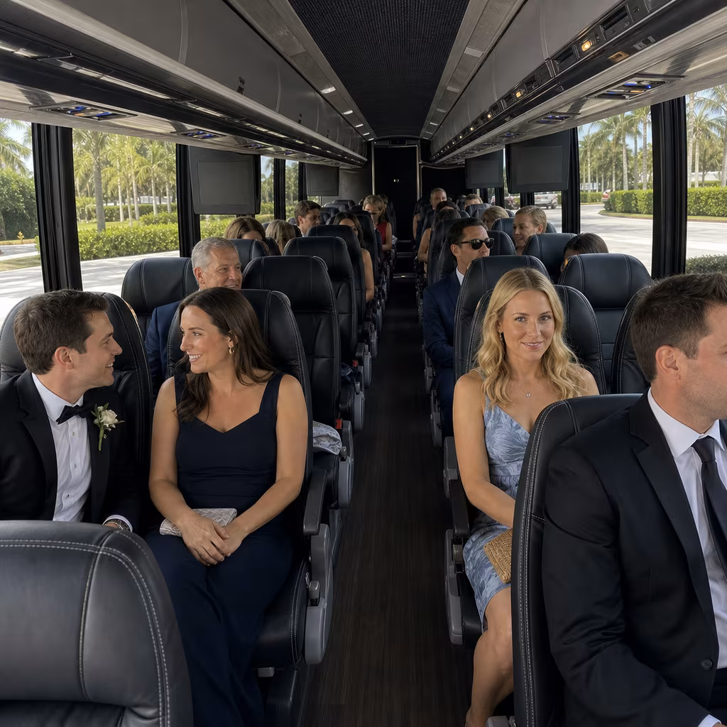 Wedding guests seated in a motorcoach in Naples, Florida