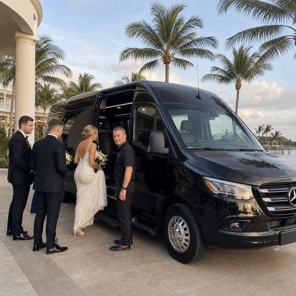 Bride and groom boarding a Sprinter van for a Naples wedding