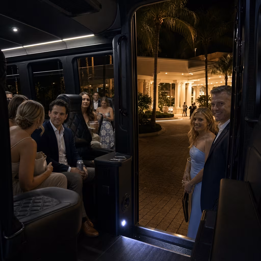 Evening wedding reception pickup at the doorway in Naples, Florida