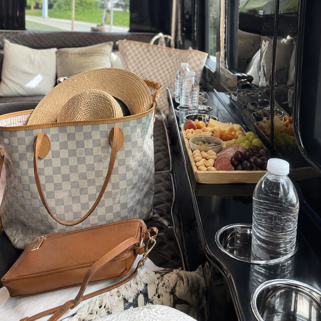 Totes, cupholders and snacks set up for a Naples winery tour