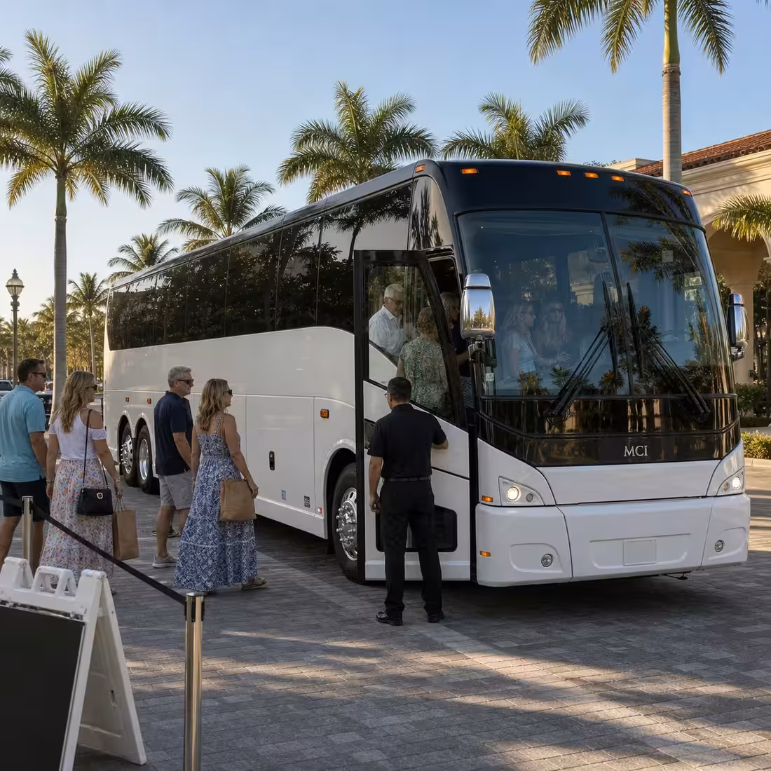 MCI J4500 motorcoach pickup for a Naples festival outing